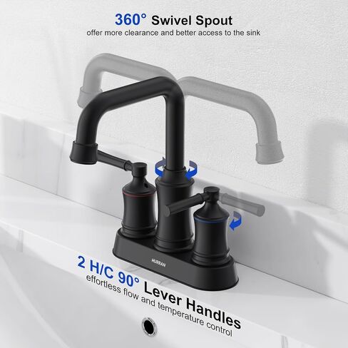 Bathroom Sink Faucet, Hurran Two Handle 4 inch Centerset Bathroom Faucet with Pop-up Drain, 360 Swivel Spout Lead-Free Stainless Steel Sink Faucet for Bathroom Sink, Matte Black in Saudi Arabia