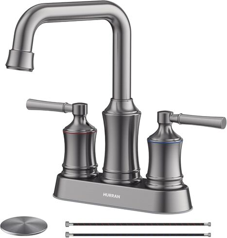 Bathroom Sink Faucet, Hurran Two Handle 4 inch Centerset Bathroom Faucet with Pop-up Drain, 360 Swivel Spout Lead-Free Stainless Steel Sink Faucet for Bathroom Sink, Matte Black in Saudi Arabia