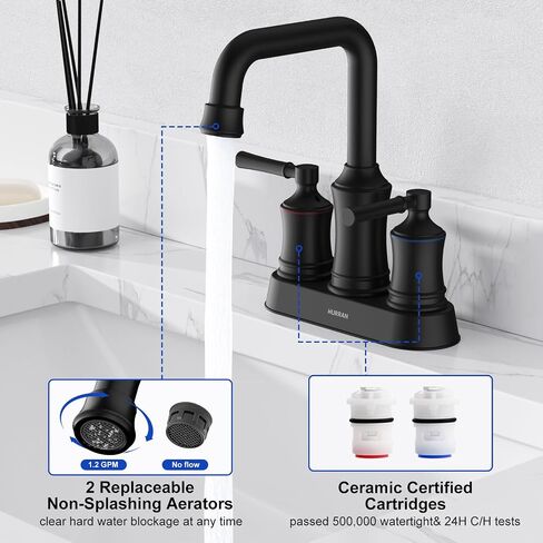 Bathroom Sink Faucet, Hurran Two Handle 4 inch Centerset Bathroom Faucet with Pop-up Drain, 360 Swivel Spout Lead-Free Stainless Steel Sink Faucet for Bathroom Sink, Matte Black in Saudi Arabia