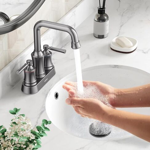 Bathroom Sink Faucet, Hurran Two Handle 4 inch Centerset Bathroom Faucet with Pop-up Drain, 360 Swivel Spout Lead-Free Stainless Steel Sink Faucet for Bathroom Sink, Matte Black in Saudi Arabia