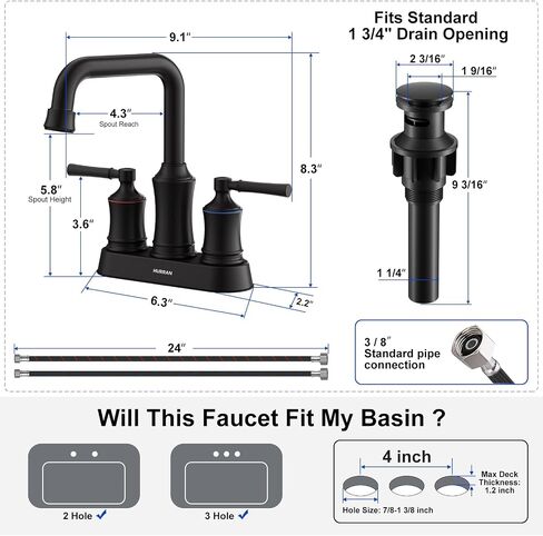 Bathroom Sink Faucet, Hurran Two Handle 4 inch Centerset Bathroom Faucet with Pop-up Drain, 360 Swivel Spout Lead-Free Stainless Steel Sink Faucet for Bathroom Sink, Matte Black in Saudi Arabia