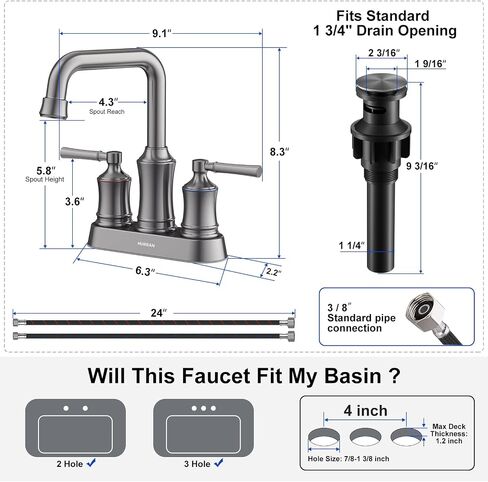 Bathroom Sink Faucet, Hurran Two Handle 4 inch Centerset Bathroom Faucet with Pop-up Drain, 360 Swivel Spout Lead-Free Stainless Steel Sink Faucet for Bathroom Sink, Matte Black in Saudi Arabia