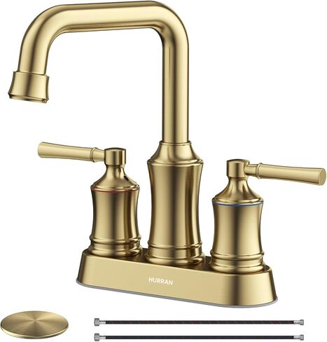 Bathroom Sink Faucet, Hurran Two Handle 4 inch Centerset Bathroom Faucet with Pop-up Drain, 360 Swivel Spout Lead-Free Stainless Steel Sink Faucet for Bathroom Sink, Matte Black in Saudi Arabia