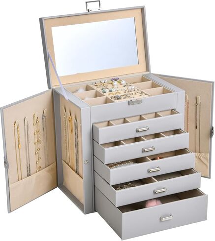Home jewelry accessories dustproof and tidy, large-capacity multi-functional double-door five-layer jewelry storage box (gray) in Saudi Arabia
