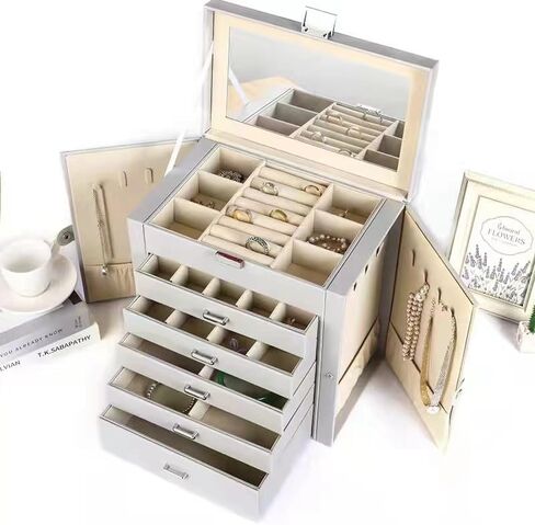 Home jewelry accessories dustproof and tidy, large-capacity multi-functional double-door five-layer jewelry storage box (gray) in Saudi Arabia