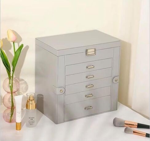 Home jewelry accessories dustproof and tidy, large-capacity multi-functional double-door five-layer jewelry storage box (gray) in Saudi Arabia