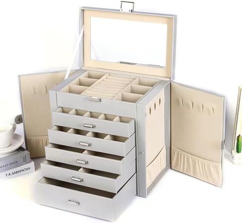 Home jewelry accessories dustproof and tidy, large-capacity multi-functional double-door five-layer jewelry storage box (gray) in Saudi Arabia