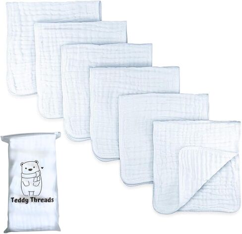 Organic Cotton Muslin Burp Cloths Large 20"x10" 6-Pack, White Burping Cloths for Babies - 100% Washcloths, Newborn Spit Rags, Ultra-Soft, Absorbent, Breathable, No Dye in Saudi Arabia