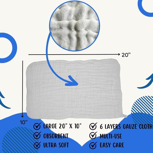 Organic Cotton Muslin Burp Cloths Large 20"x10" 6-Pack, White Burping Cloths for Babies - 100% Washcloths, Newborn Spit Rags, Ultra-Soft, Absorbent, Breathable, No Dye in Saudi Arabia