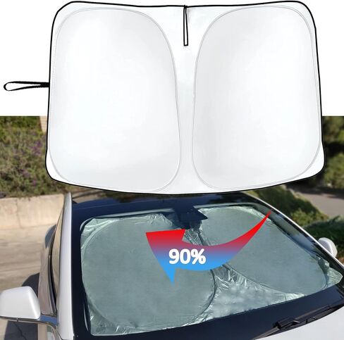 Windshield Sunshade for Tesla Model 3 Model Y Foldable Front Window Sun Shade，Double Layer Light Blocking Fabric 240T Material Sun Visor Protector Accessories Blocks UV Rays in Saudi Arabia