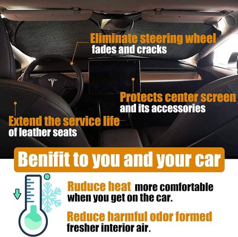 Windshield Sunshade for Tesla Model 3 Model Y Foldable Front Window Sun Shade，Double Layer Light Blocking Fabric 240T Material Sun Visor Protector Accessories Blocks UV Rays in Saudi Arabia