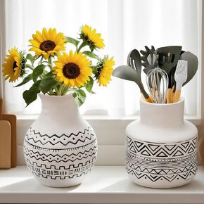 Handcrafted Nordic Ceramic Vase — Geometric Boho Farmhouse Centerpiece for Living Room, Modern Coffee Table & Shelf Decor with Textured Black Lines in Saudi Arabia