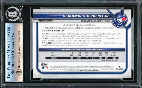 Vladimir Guerrero Jr. موقعة 2022 بطاقة Bowman #54 Toronto Jays (Light) Beckett Bas Stock #221564 - Baseball Slabbed Cards in Saudi Arabia