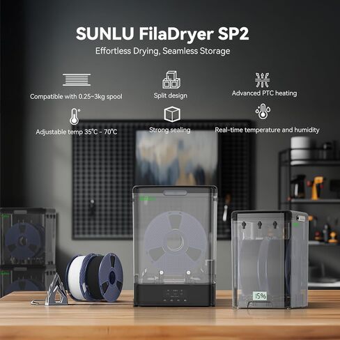مجفف خيوط Sunlu SP2 وصندوق تخزين الشعيرة ، 70 ℃ درجة حرارة كحد أقصى لتجفيف خيوط الطباعة ثلاثية الأبعاد وختمها مع التحكم في الحرارة ، متوافقة مع 1.75 مم/2.85 مم PLA PETG TPU ABS PA PC in Kuwait