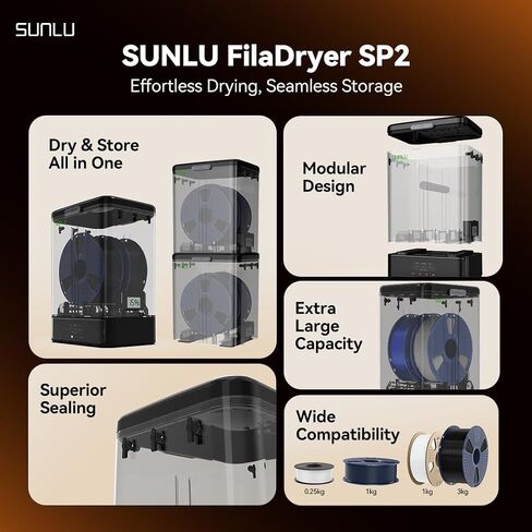 مجفف خيوط Sunlu SP2 وصندوق تخزين الشعيرة ، 70 ℃ درجة حرارة كحد أقصى لتجفيف خيوط الطباعة ثلاثية الأبعاد وختمها مع التحكم في الحرارة ، متوافقة مع 1.75 مم/2.85 مم PLA PETG TPU ABS PA PC in Kuwait