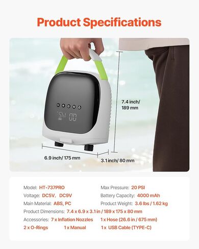 20PSI Paddle Board Pump, Rechargeable Battery-Powered, Dual Stage Electric SUP Air Pump with Auto-Off and Deflation Function, Ideal for Inflatable Paddle Board, Tent and Mattress in Saudi Arabia