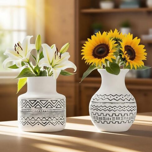 Handcrafted Nordic Ceramic Vase — Geometric Boho Farmhouse Centerpiece for Living Room, Modern Coffee Table & Shelf Decor with Textured Black Lines in Saudi Arabia