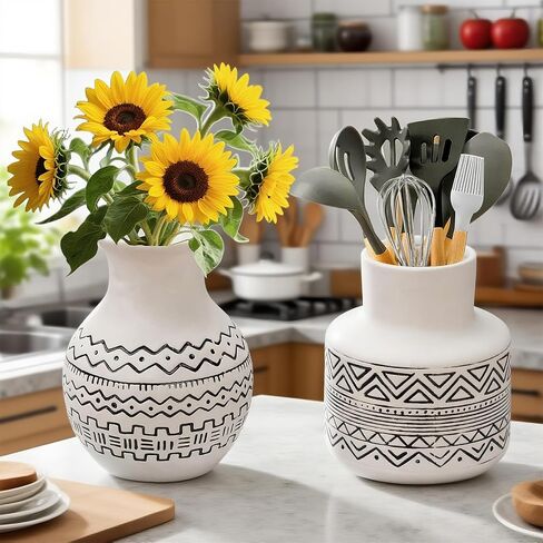 Handcrafted Nordic Ceramic Vase — Geometric Boho Farmhouse Centerpiece for Living Room, Modern Coffee Table & Shelf Decor with Textured Black Lines in Saudi Arabia