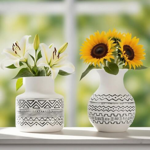Handcrafted Nordic Ceramic Vase — Geometric Boho Farmhouse Centerpiece for Living Room, Modern Coffee Table & Shelf Decor with Textured Black Lines in Saudi Arabia