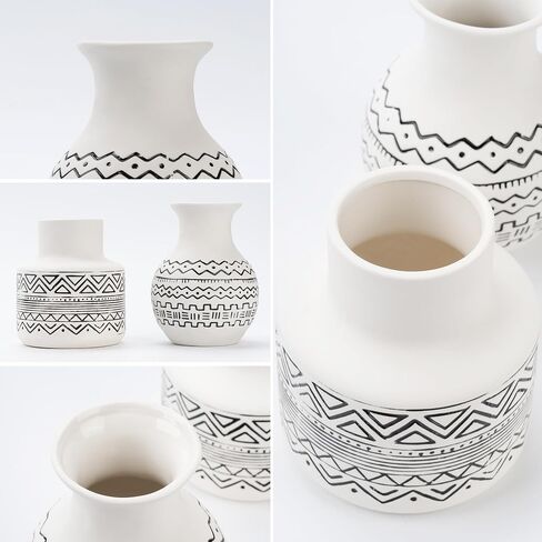 Handcrafted Nordic Ceramic Vase — Geometric Boho Farmhouse Centerpiece for Living Room, Modern Coffee Table & Shelf Decor with Textured Black Lines in Saudi Arabia