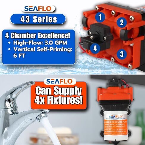 SEAFLO 43-Series Water Pressure Diaphragm Pump - 12V DC, 3.0 GPM, 55 PSI with Adjustable Pressure Switch, Self-Priming, UL & CSA Certified, Quick Attach - For RV, Boat, and Off-Grid Applications in Saudi Arabia
