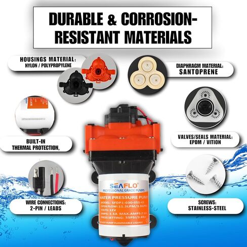 SEAFLO 43-Series Water Pressure Diaphragm Pump - 12V DC, 3.0 GPM, 55 PSI with Adjustable Pressure Switch, Self-Priming, UL & CSA Certified, Quick Attach - For RV, Boat, and Off-Grid Applications in Saudi Arabia