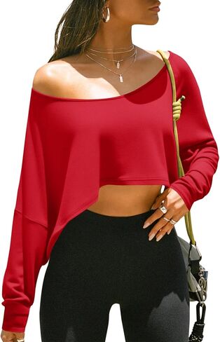 Fisoew Womens قبالة الكتف القطع القصيرة القطع Batwing طويلة الأكمام فضفاضة ملائمة القارب الصيفي تجريب تي قمصان تي in Saudi Arabia