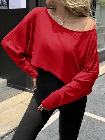 Fisoew Womens قبالة الكتف القطع القصيرة القطع Batwing طويلة الأكمام فضفاضة ملائمة القارب الصيفي تجريب تي قمصان تي in Saudi Arabia