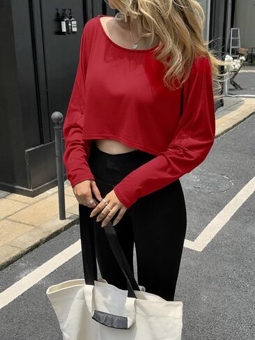 Fisoew Womens قبالة الكتف القطع القصيرة القطع Batwing طويلة الأكمام فضفاضة ملائمة القارب الصيفي تجريب تي قمصان تي in Saudi Arabia