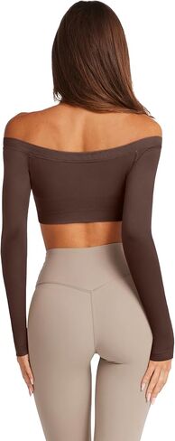 Laslulu Womens قبالة قمم الكتف سلسة طويلة الأكمام محصول المحصول أعلى صالة الألعاب الرياضية اليوغا الخروج قمصان القمصان in Kuwait