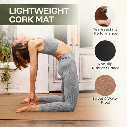 U&M Cork Yoga Mat Non-Slip, Resists Sweat and Odors Exercise Mat with Carrying Strap for Hot Yoga, Pilates, Floor & Fitness Workouts, Fitness Mats Non-Slip Natural Rubber Base & Cork Mat (72'' x 26'' x 5mm Thick) in Kuwait