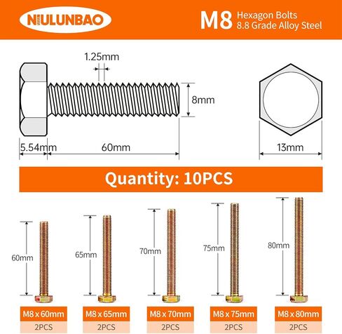 M8 x 60mm 65mm 70mm 75mm 80mm براغي سداسية سداسية ثقيلة ، مسامير رأس سداسية ، 8.8 سبيكة من الصلب ، الملمس المجلفن ، خيط كامل ، متري ، مجموعة تشويه 10pcs in Kuwait