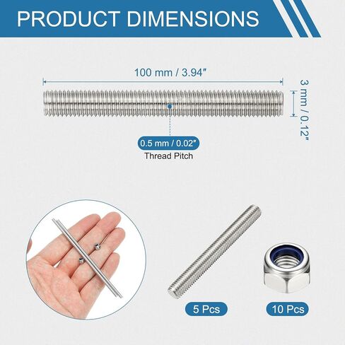 PATIKIL 5 Pcs Fully Threaded Rod, M4 x 250mm 304 Stainless Steel Right Hand Long Thread Bar Studs with Nuts for Pipes Clamps Hangers U-Bolts in Saudi Arabia