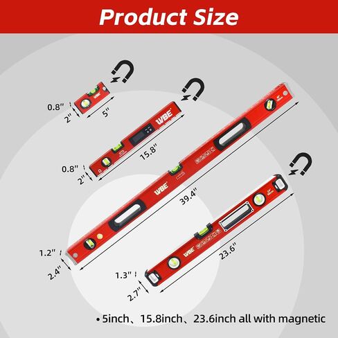 WBE 4-Piece Torpedo-Level Set with Magnetic, Digital-Leveler with LCD Display, 4.7", 16", 20", 40" Aluminum Alloy Spirit Level-Set with Carrying Bag, Bubble Vials Ruler for 45/90/180 Degree. in Saudi Arabia
