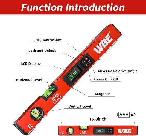 WBE 4-Piece Torpedo-Level Set with Magnetic, Digital-Leveler with LCD Display, 4.7", 16", 20", 40" Aluminum Alloy Spirit Level-Set with Carrying Bag, Bubble Vials Ruler for 45/90/180 Degree. in Saudi Arabia