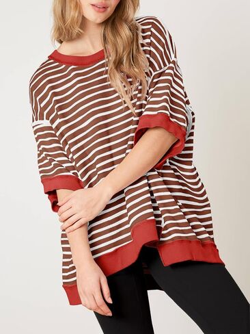 Tankaneo Womens Oversized T Shirts Striped Color Block Cotton Tops Summer Casual Half Sleeve Loose Fit Crewneck Sweatshirts in Saudi Arabia