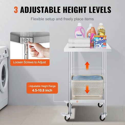 HappyBuy 24x24x38 بوصة طاولة عمل من الفولاذ المقاوم للصدأ ، 700 رطل سعة تحميل ، 4 عجلات ، ارتفاع قابل للتعديل ، طاولة إعداد الطعام التجاري للمطبخ والمطعم in Saudi Arabia
