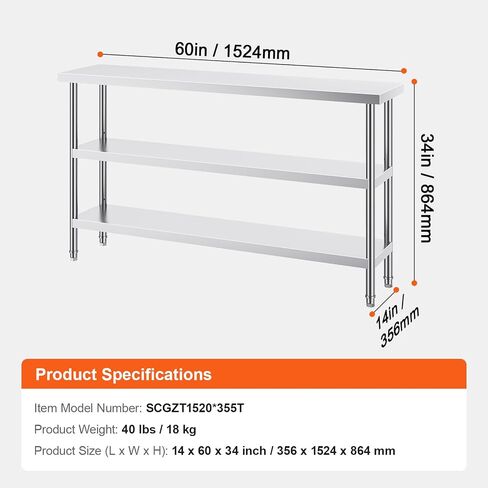 HappyBuy 14x60x34 بوصة طاولة إعداد طعام من الفولاذ المقاوم للصدأ ، والمعادن الثقيلة ، قابلة للتكيف ، أقل من قابلة للتعديل ، مطبخ تجاري ، سطح عمل ، لاستخدام المنزل والمرآب in Saudi Arabia
