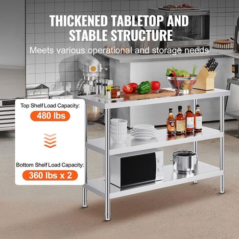 Happybuy 18 x 48 x 34 Inch Stainless Steel Food Prep Table, Heavy Duty Worktable with 2 Adjustable Shelves for Kitchen, BBQ, Home, and Garage in Saudi Arabia