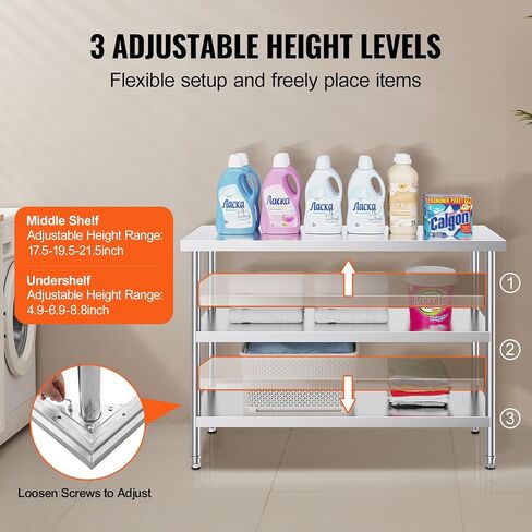 Happybuy 18 x 48 x 34 Inch Stainless Steel Food Prep Table, Heavy Duty Worktable with 2 Adjustable Shelves for Kitchen, BBQ, Home, and Garage in Saudi Arabia