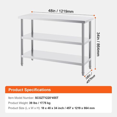 Happybuy 18 x 48 x 34 Inch Stainless Steel Food Prep Table, Heavy Duty Worktable with 2 Adjustable Shelves for Kitchen, BBQ, Home, and Garage in Saudi Arabia