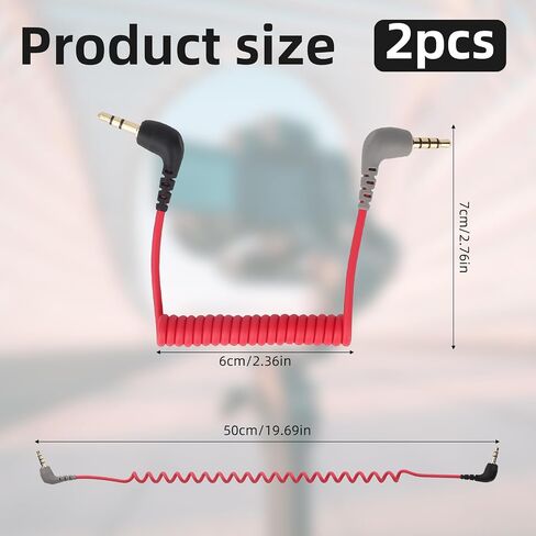 2pcs 3.5mm TRS Microphone Cable, Coiled Male to Male Audio Patch Cord Compatible with DSLR Cameras DJI Mic 2 & Rode Microphone Wireless Pro Adapter Accessories (Red, Black, Gray) in Saudi Arabia