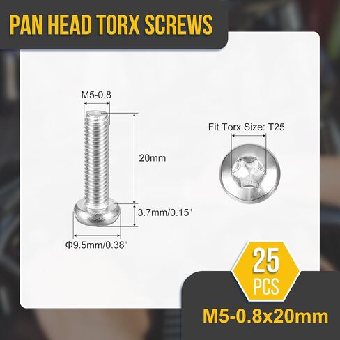 M5x20mm Pan Head Torx Security Screw - 25pack - جيد للآلات - 304 زر الفولاذ المقاوم للصدأ الرأس Torx Bolt Star Drive السحابات - نغمة الفضة in Kuwait
