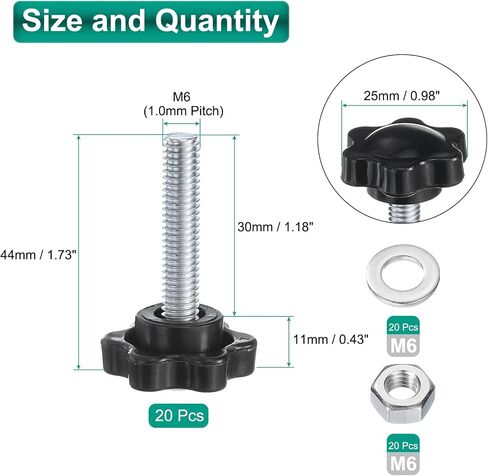 uxcell 20pcs Star Clamping Knobs with Nuts Washers, M6 x 30mm Metric Zinc Plated Carbon Steel Male Thread 25mm 6-Star Plastic Head, Threaded Stud Hand Knobs Handles Thumb Screws, Black in Kuwait