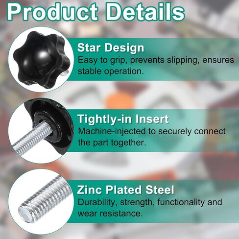 uxcell 20pcs Star Clamping Knobs with Nuts Washers, M6 x 30mm Metric Zinc Plated Carbon Steel Male Thread 25mm 6-Star Plastic Head, Threaded Stud Hand Knobs Handles Thumb Screws, Black in Kuwait
