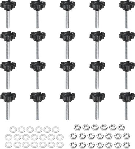 uxcell 20pcs Star Clamping Knobs with Nuts Washers, M6 x 30mm Metric Zinc Plated Carbon Steel Male Thread 25mm 6-Star Plastic Head, Threaded Stud Hand Knobs Handles Thumb Screws, Black in Kuwait