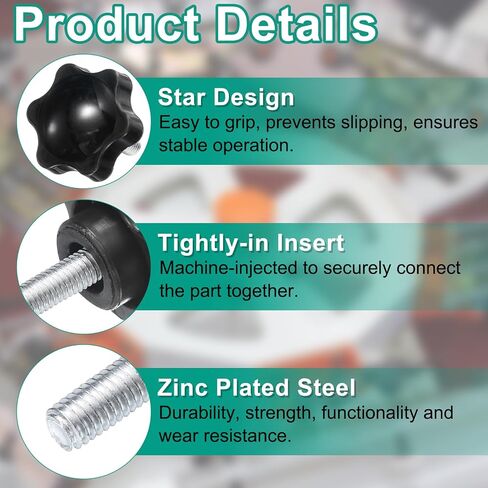 uxcell 20pcs Star Clamping Knobs with Nuts Washers, M6 x 30mm Metric Zinc Plated Carbon Steel Male Thread 25mm 6-Star Plastic Head, Threaded Stud Hand Knobs Handles Thumb Screws, Black in Kuwait