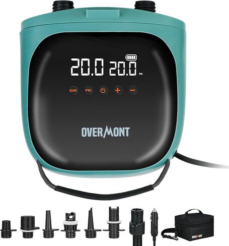 Overmont Paddle Board Pump Electric Portable, 20PSI SUP Air Pump with Auto-Off, Fast Dual Stage Inflation & Deflation, LCD Display, 12V Car Adapter for Inflatables, Kayaks, Boats, Tents in Kuwait