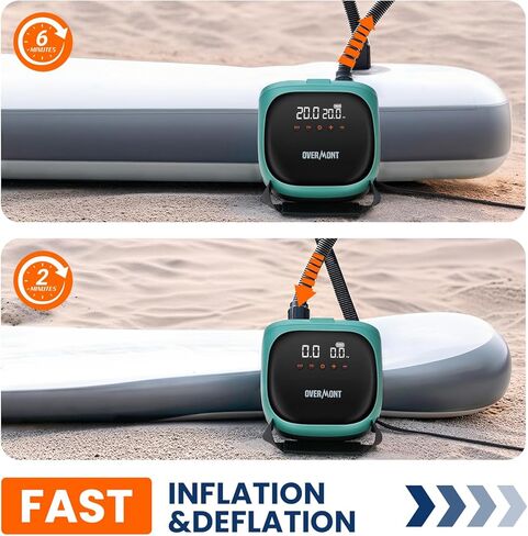 Overmont Paddle Board Pump Electric Portable, 20PSI SUP Air Pump with Auto-Off, Fast Dual Stage Inflation & Deflation, LCD Display, 12V Car Adapter for Inflatables, Kayaks, Boats, Tents in Kuwait
