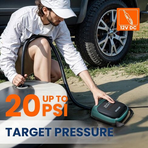 Overmont Paddle Board Pump Electric Portable, 20PSI SUP Air Pump with Auto-Off, Fast Dual Stage Inflation & Deflation, LCD Display, 12V Car Adapter for Inflatables, Kayaks, Boats, Tents in Kuwait